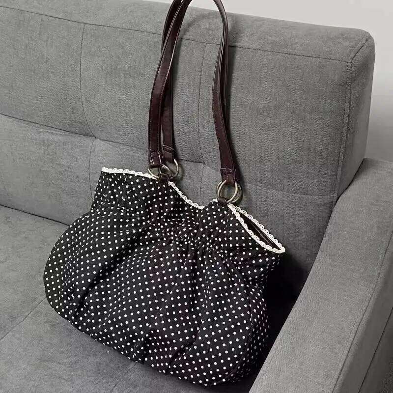 Polka Dot Bows Vintage Handbag Patchwork Y2k Shoulder High Capacity Casual Underarm White Lace Chic Commuter Women's Bag Y260205