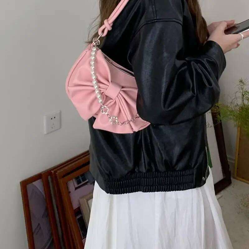 Q1QA Women Bags Pearl Chain Shoulder Bowknot Underarm Bag PU Leather Handbag Y260205