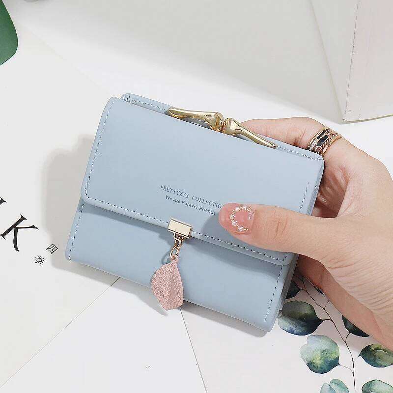 2024 summer Explosion-style women's short wallet Korean PU leather simple everything with solid color personality leaf pendant b Y260206