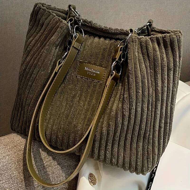 Large Capacity Corduroy Tote Chain Handbag Shoulder Bag for Women, Polyester Lining, Zip Closure, Black, Beige, Khaki, Green Z260207 - view 3