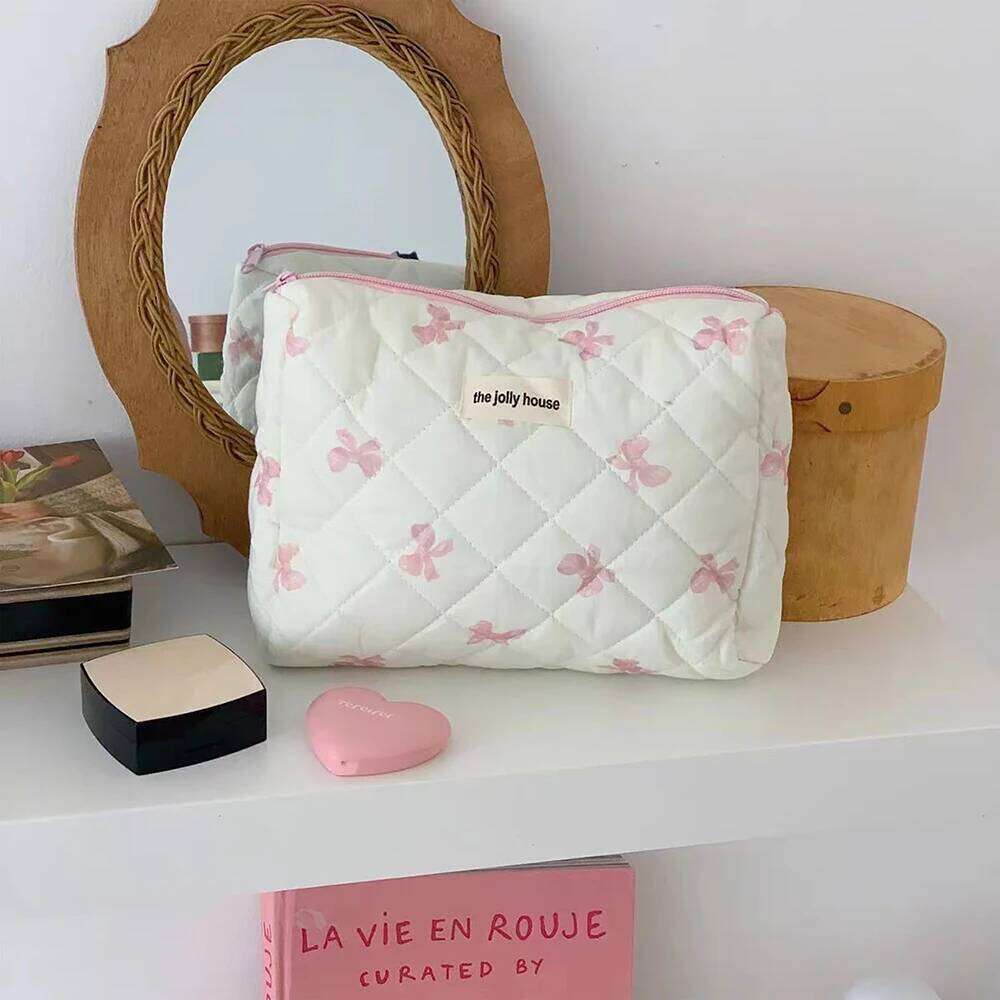 New Women Cosmetic Storage Cotton Quilted Bag Simple Bow Knot Lipstic Makeup Organizer Handbag Cute Large Capacity Zipper Bags Y260206