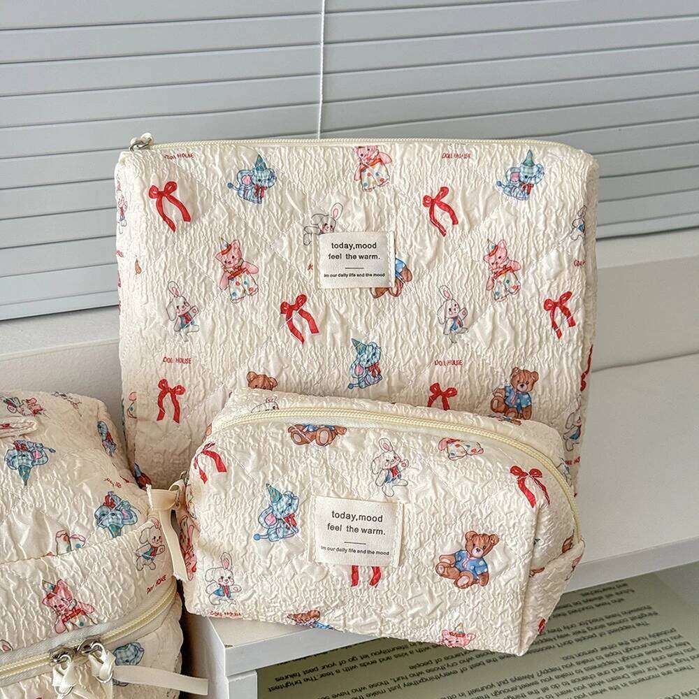 Kawaii Cartoon Animals Women Quilted Large Capacity Cosmetic Toiletry Organizer Pouch 3 Type Ladies Zipper Makeup Bag Y260206