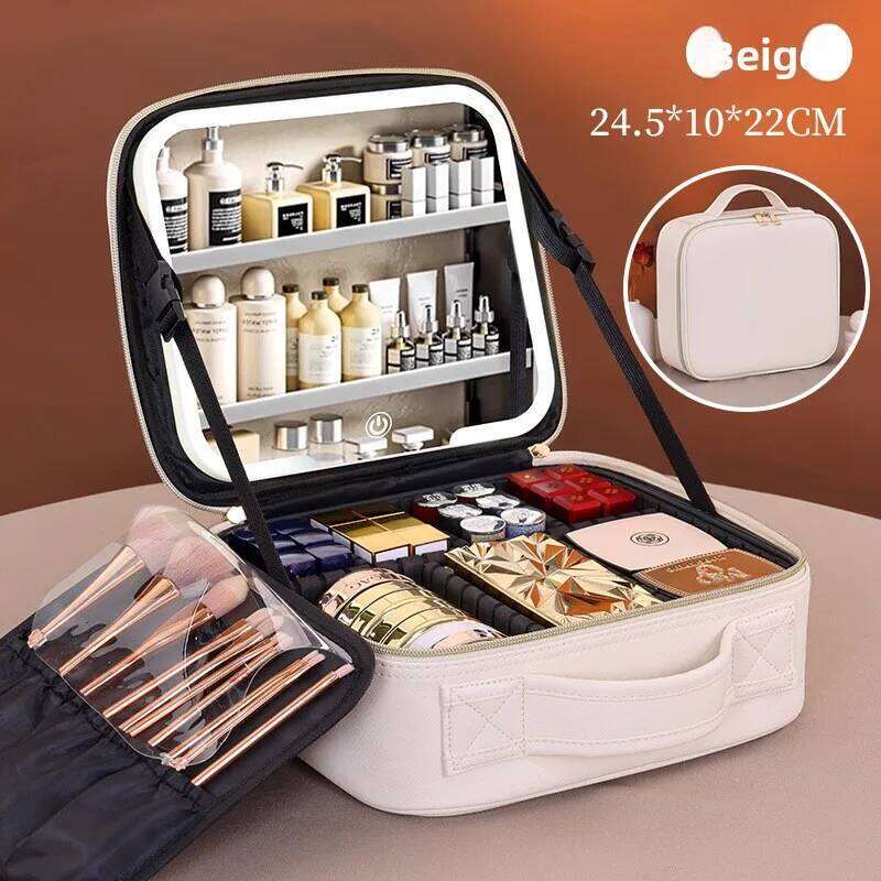 Cross-border High Aesthetic ValueLEDLight Strip Mirror Makeup Case Large Capacity Travel Portable Handheld Cosmetic Storage Bag Y260206