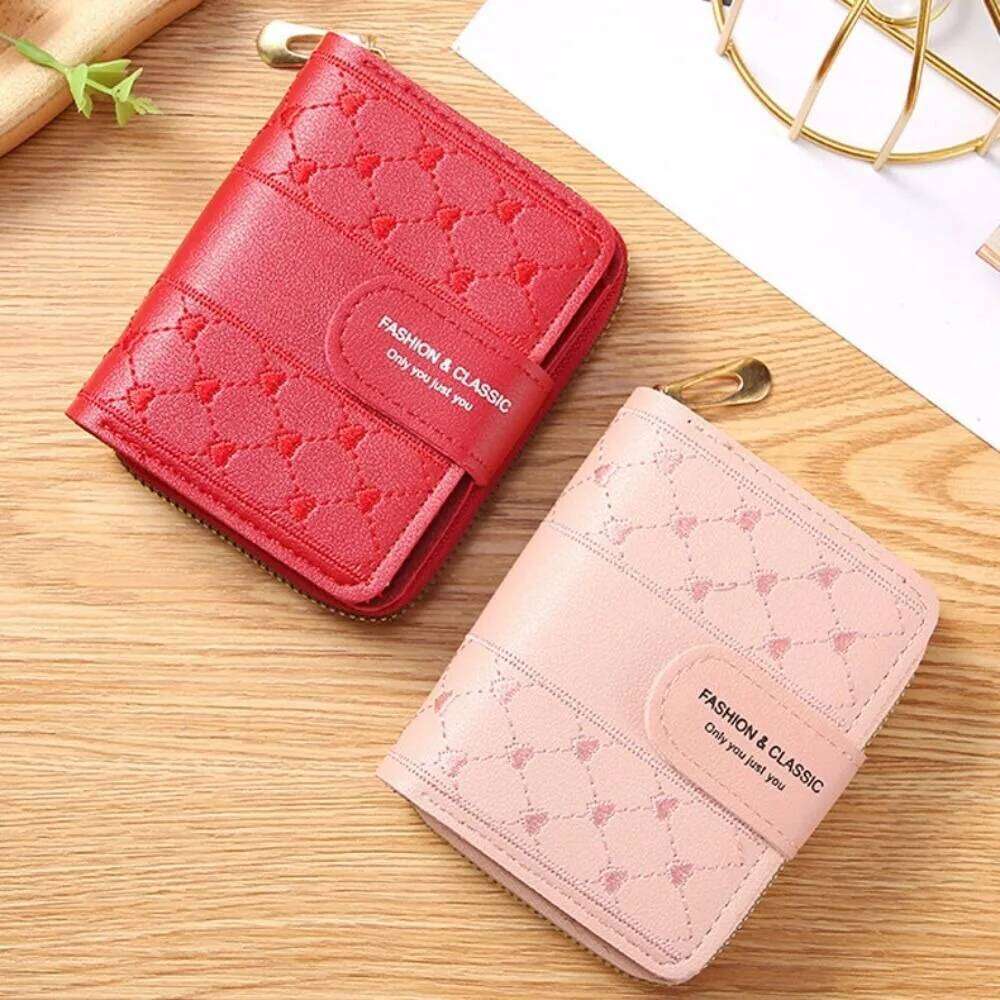 Versatile Embroidery Card Holder Heart Zipper Short Wallet Leather Large Capacity Female Bag Women Y260206