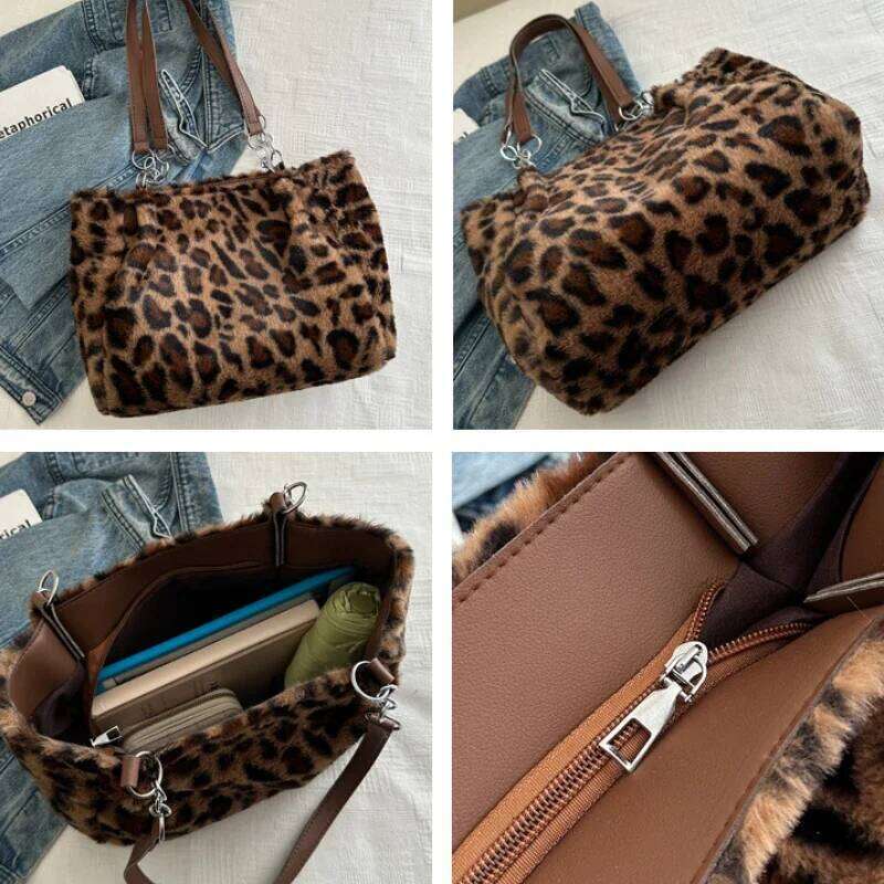 Vintage Leopard Ladies Plush Tote Bags Large Capacity Portable Women's Faux Fur Shoulder Bag Furry Casual College Girls Handbags Z260207 - view 5
