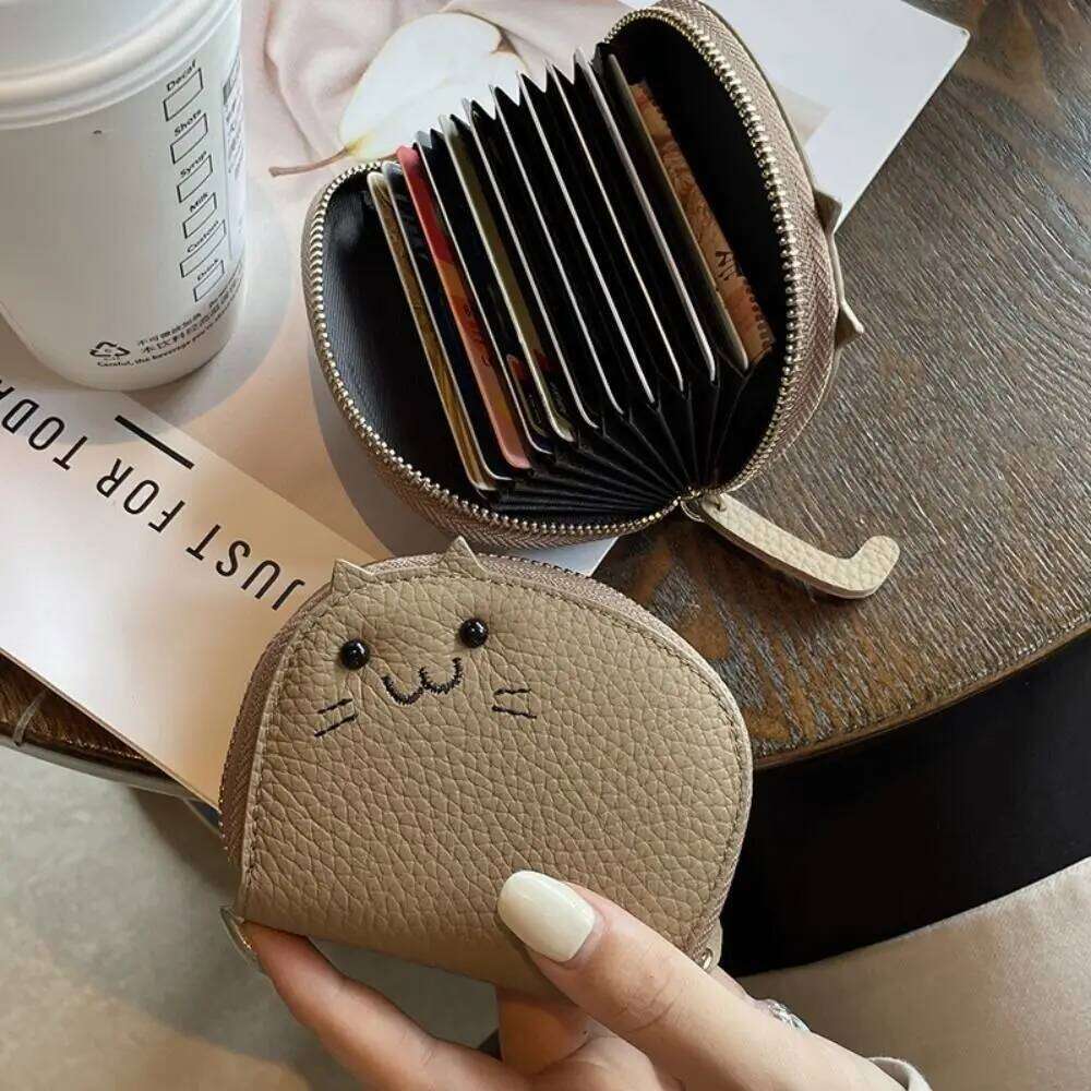 Cartoon Cat Mini Women PU Leather Card Holder Ultra-thin Cute Zipper Wallet Fashion Simple Small Coin Purse Y260206