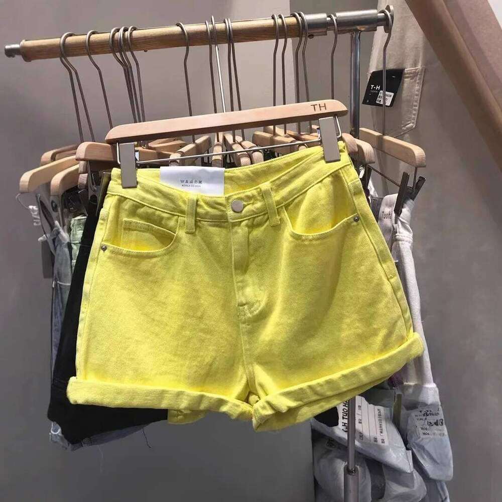 Lemon Yellow Denim Women's 2026 New High Waist Wide Legs Thin Hot Pants Jean Shorts XJ260206