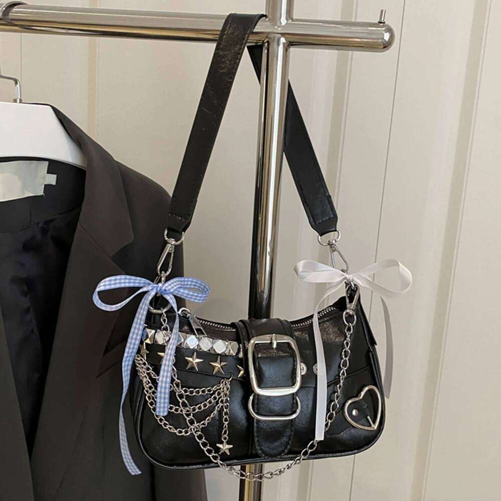 Women Y2K Hobo Shoulder Vintage Rivet Handbag Gothic Punk Small Crossbody Bags Fashion Bows Underarm Pouch Retro Armpit Bag Y260205