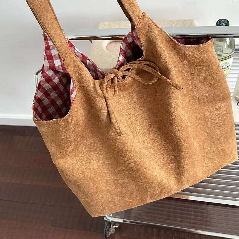 Large Capaci Plaid Canvas Women's Suede Fleece Single College Students Notebook Class Tote Bag Christmas Gifts 2025 Y260205