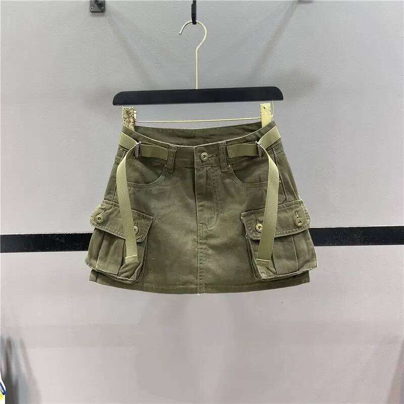 Zipper Fly SKirts Button Women's Denim Cargo with Pockets Sexy Mini A-line Jean Skirts Female Streetwear XJ260206