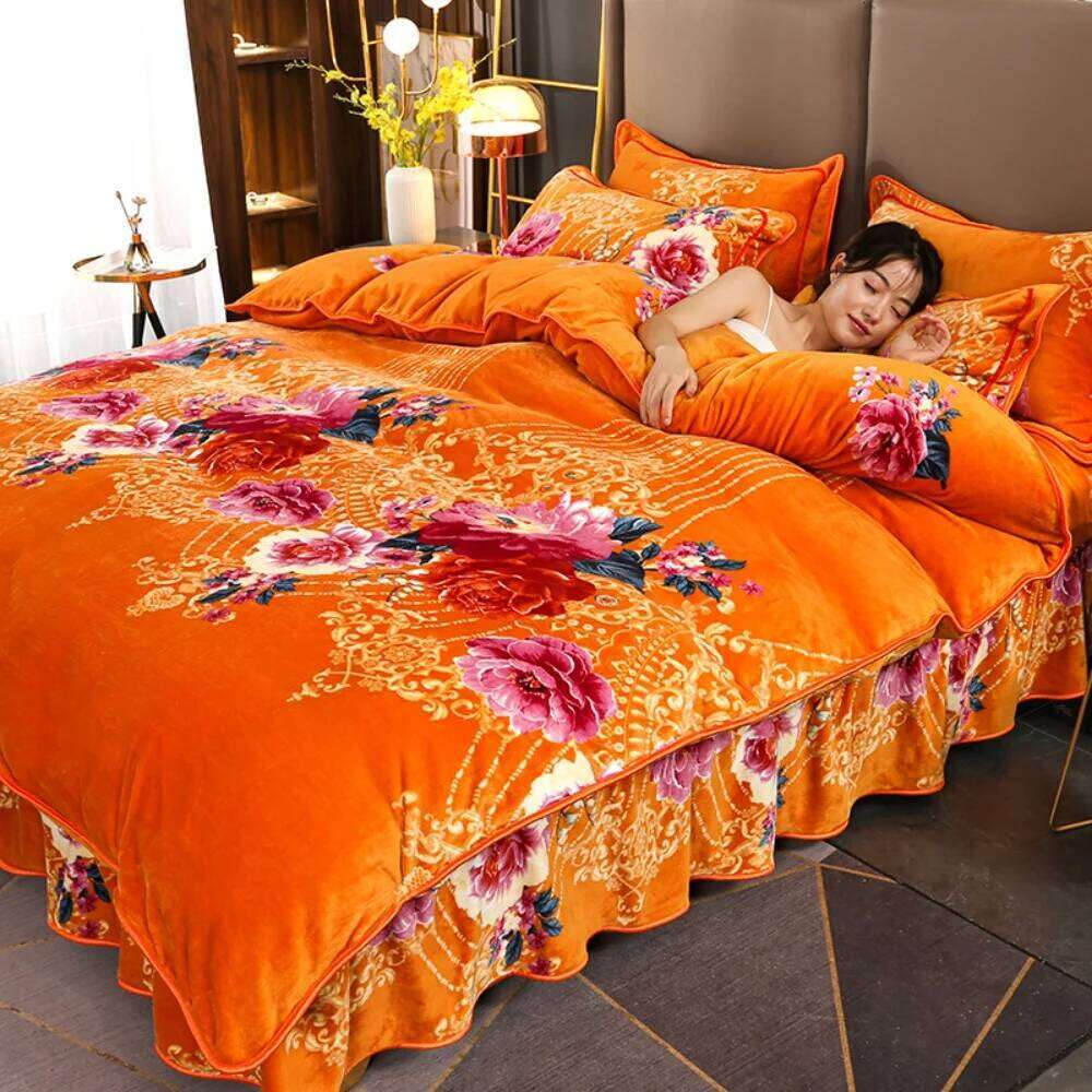 Milk Bedding Set Home Winter Warm Four-Piece Sets Double-Sided Thickened Flannel Quilt Cover Sheet Coral Velvet Bed Skirt XJ260206