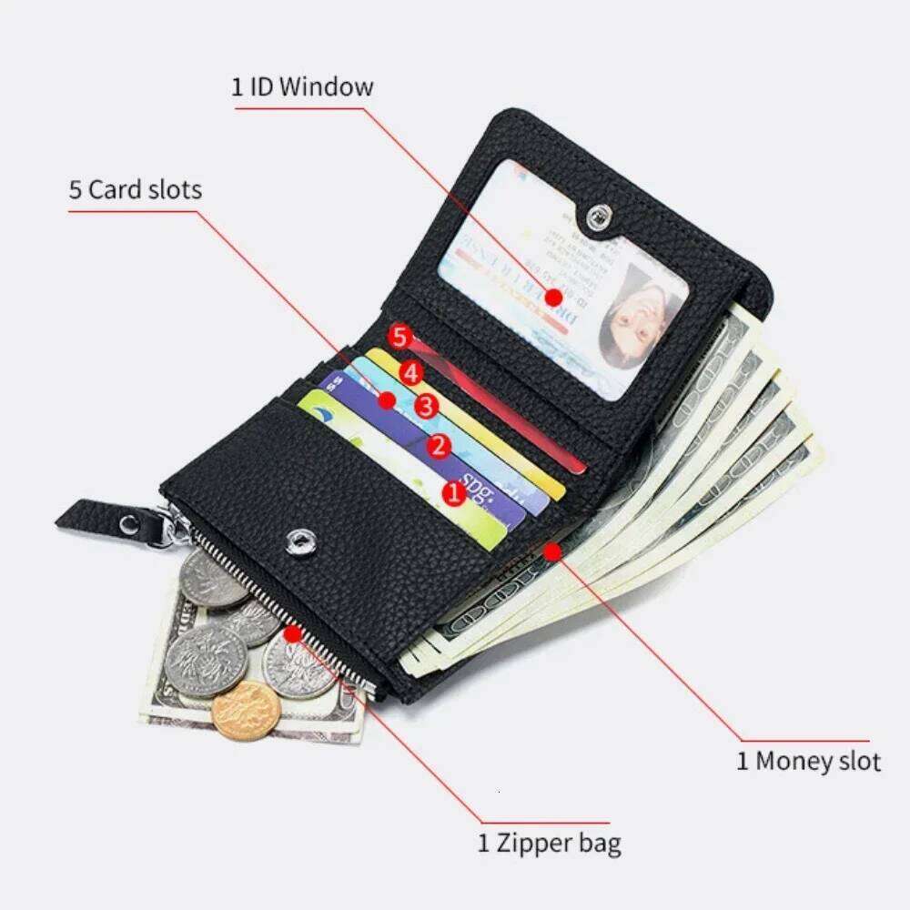Genuine Leather RFID Short Wallets Card Holder Bag Portable Cowhide Small Zipper Money Coin Purse for Men Women Earphone Pouch Y260206