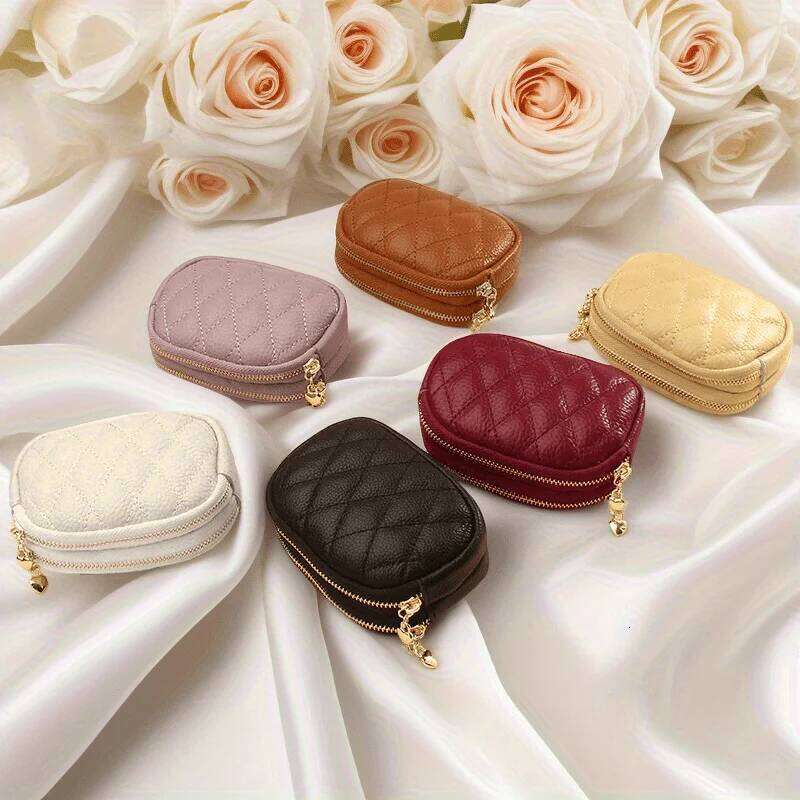 New PU leather rhombus small wallet mini coin double zipper storage change bag Y260206