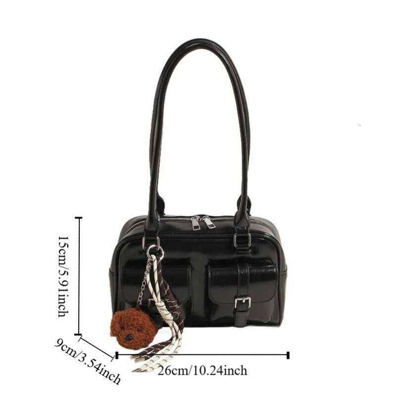 Korean PU Bowling Handbag Minority Design Pocket Boston Tote French Style Solid Color Underarm Bag Portable Y260205