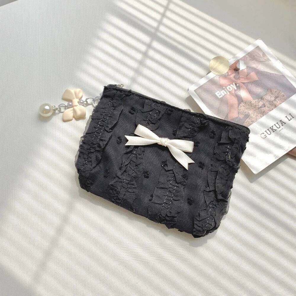 Cute Women Makeup Mini Korean Lace Bow Portable Coin Purse Small Pouch Handbag Kawaii Female Cosmetic Storage Zipper Bag Y260206