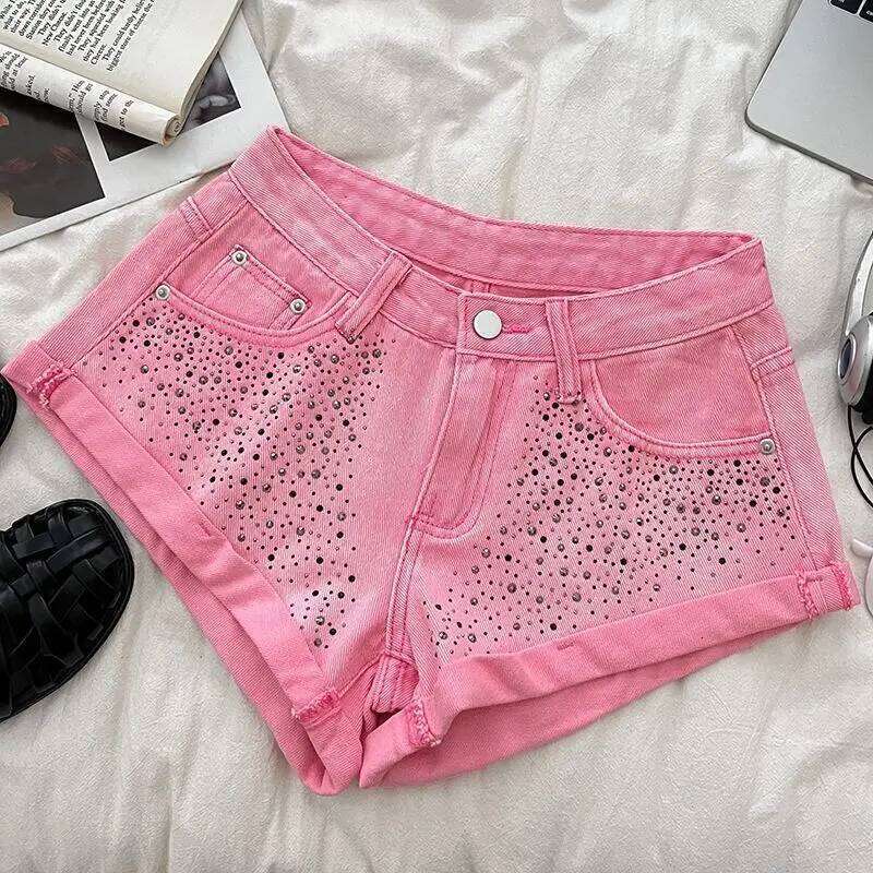 Retro Fashion Rhinestone Denim Shorts Women Pink Summer New A-Line Wide Leg Jeans Ultra Short For Hot Girls Bottoms XJ260206