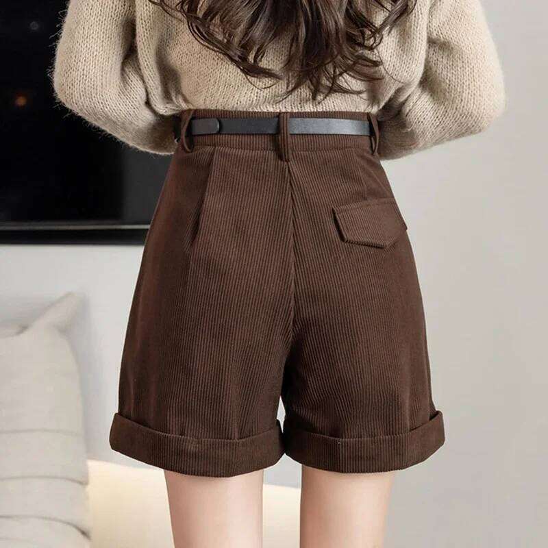 Streetwear Winter Corduroy Women Casual Loose Wide Leg Woolen Shorts With Belt High Waist Short Femme Black Khaki Brown XJ260206