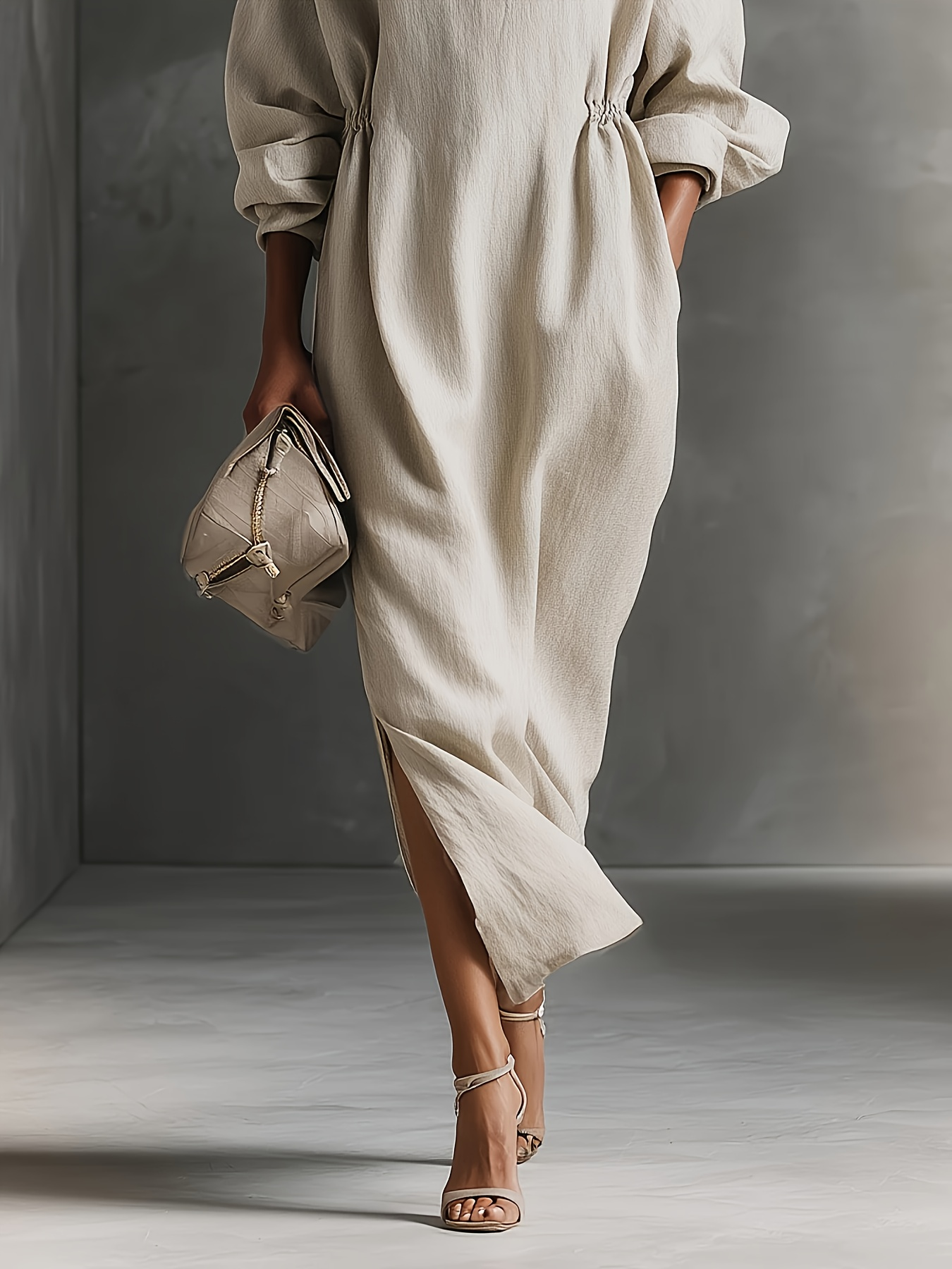 Elegant Light Beige Shirt Style Midi Dress Long Sleeve Split Hem Casual Dress with Pockets for Summer N024