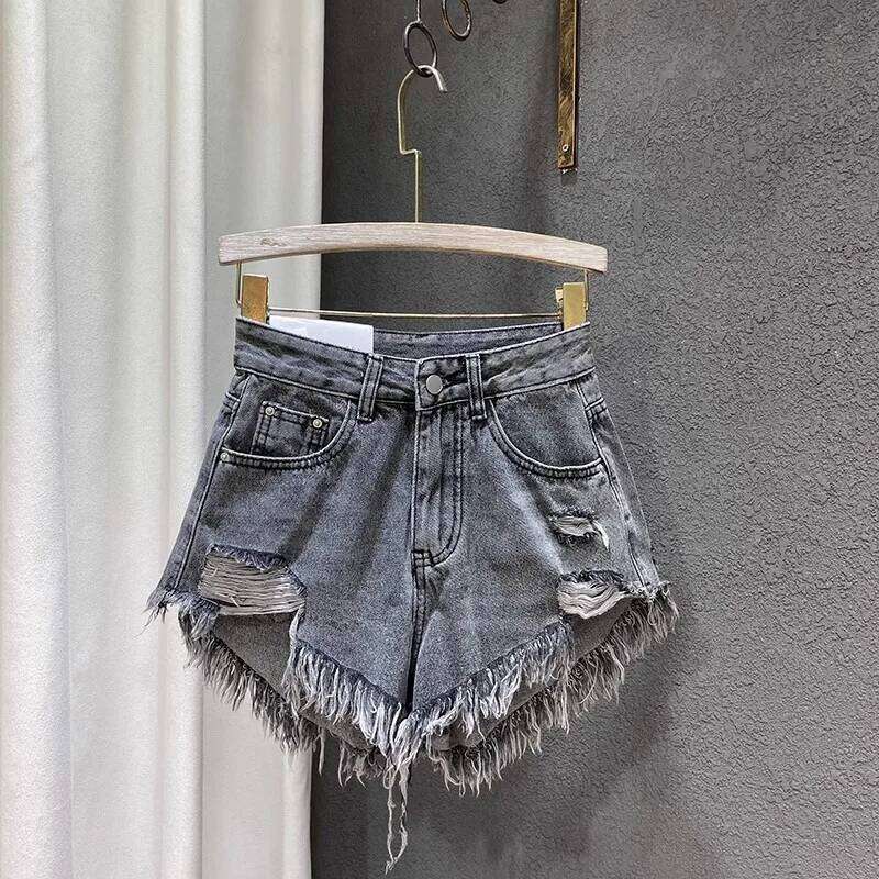 Summer New Rough Edge Ripped Low Waist Denim Women's Fringed A-word Jeans Wide Leg Hot Pants Booty Shorts XJ260206