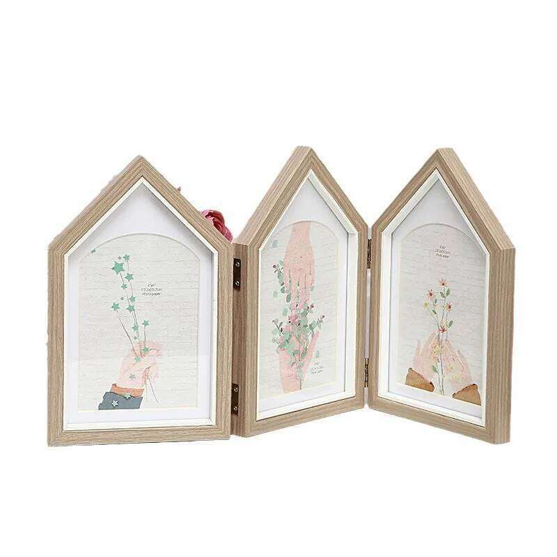 Creative Three Fold Wood Grain House Combination 6 Inch Folding Table Fresh Art Studio Photo Frame Home Decoration S260205