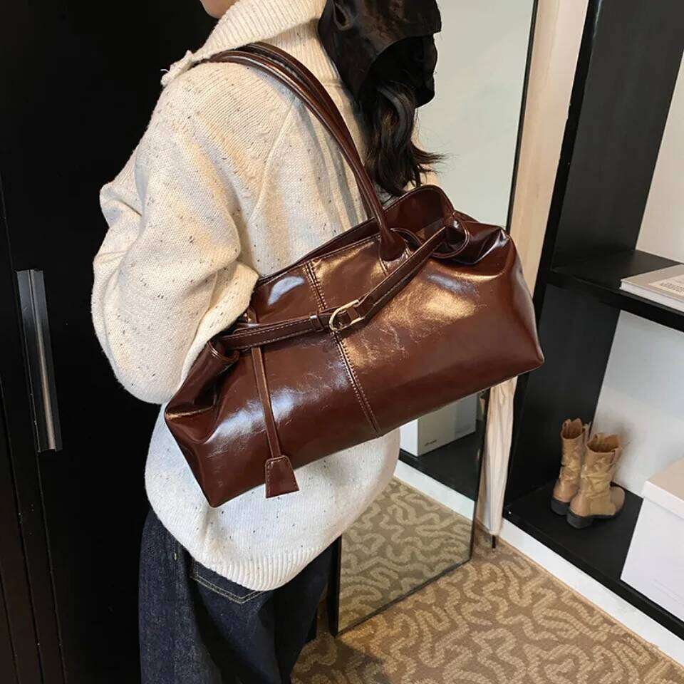 Oil PU Leather Hobo Handbag Slouchy Shoulder Retro Top-Handle Bag Large Bags for Women Gilrls Tote Work Shopping Travel Y260205