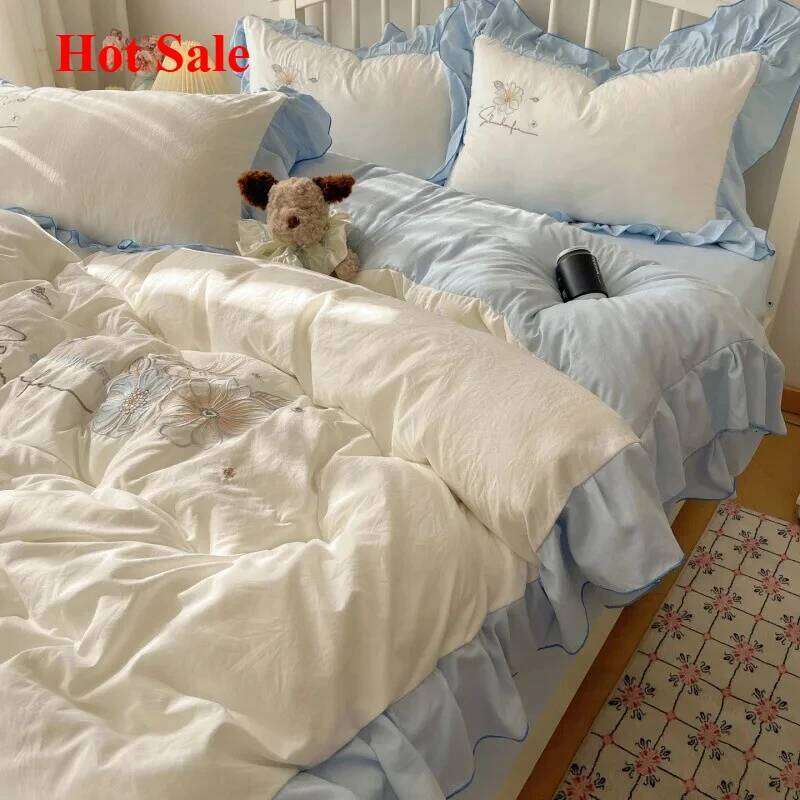 2025 lace embroidery small fresh and cute girl heart four-piece set washed cotton summer sheet quilt cover bed hat XJ260206