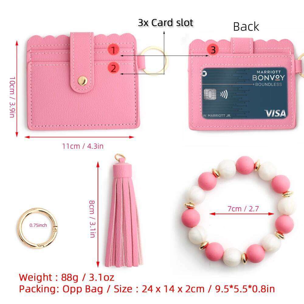 2024 Bead Solid Card Bag Wristlet Keychain Silicone Beaded Bracelet Leather Tassel Wallet Bangle Y260206