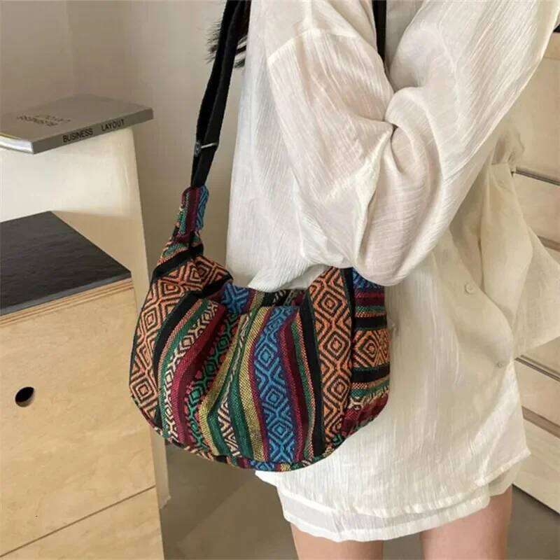Tribal Style Shoulder Bag, Foldable Crossbody with Zipper Closure, Striped Pattern, Flag Theme Hand Washable Edge Painted Lining Z260207 - view 6