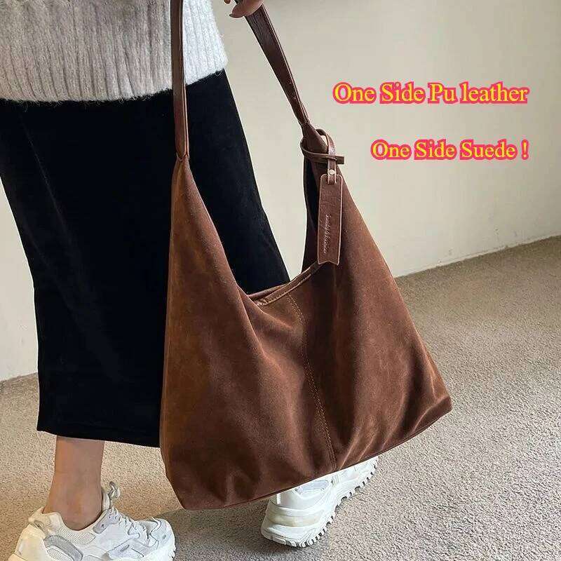 Women Suede Shoulder Bag with Zipper Hobo Bags Large Capacity Handbag Slouchy 2025 Trendy Commuter Travel Purses and Handbags Y260204