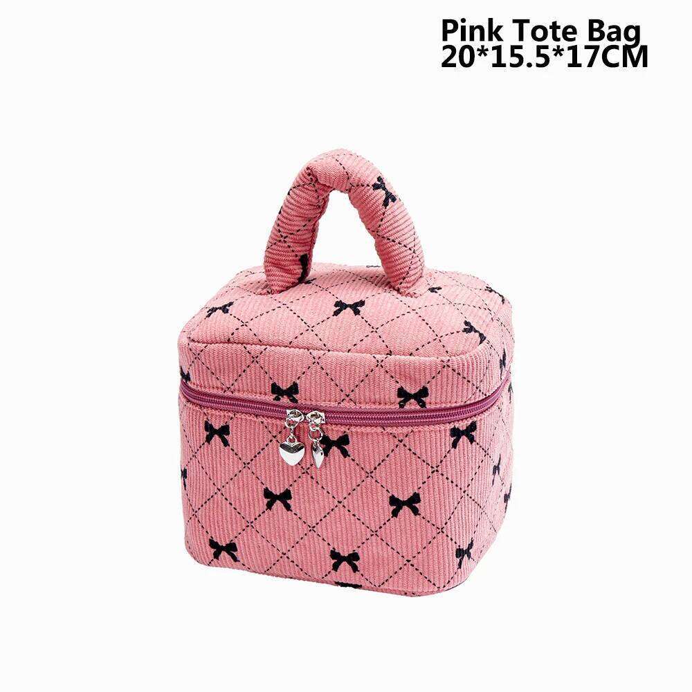 Fashion Bow Women Corduroy Makeup Storage Large Capacity Travel Organizer Cosmetic Pouch Small Handbag Zipper Clutch Bag Y260206