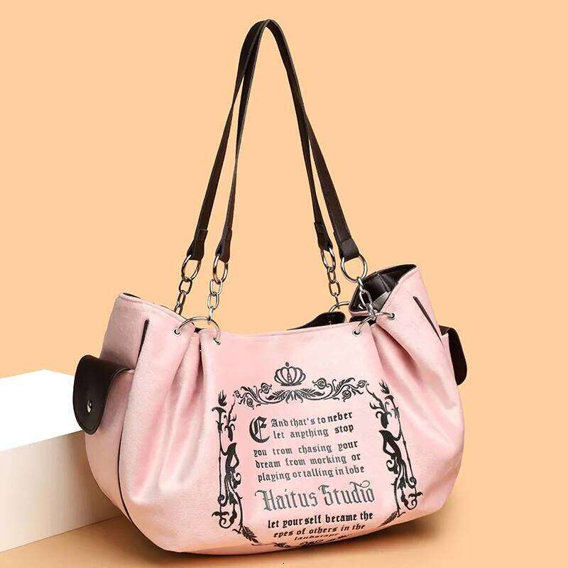 Y2K Women Pink Vintage Gothic Tote Bag Aesthetic Large Capacity Embroidery Letter Retro Ladies Grunge Chain Travel Shoulder Bags Y260205