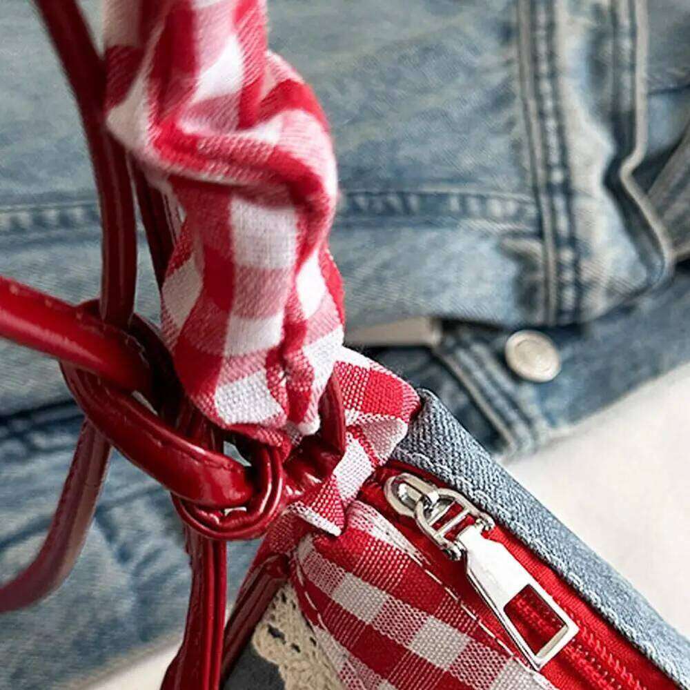 All-match Sweet French Stick Handbag Denim Blue Bow Plaid Shoulder Bag Large Capacity Lace Ribbon Cloth Underarm Bags Daily Z260207 - view 4
