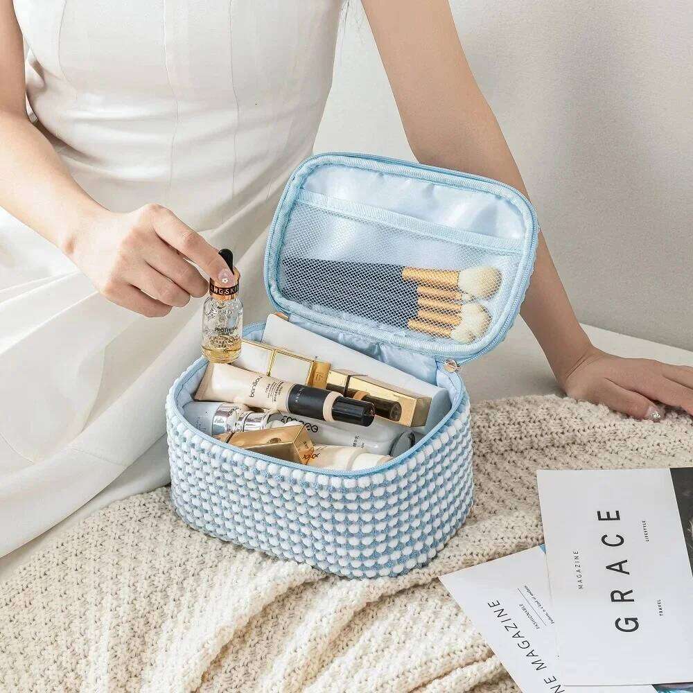 Women's Plush Make Up Bags Plaid Zipper Bag Case Portable Cosmetic Organizer Storage Pouch Y260206