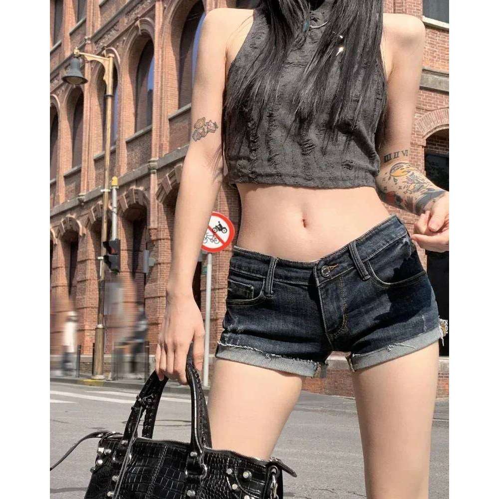 Women Y2K Korean Streetwear Summer Denim Mini Acubi Shorts Button Night Club Blue Low Rise Short Trousers 2000s Alt Clothes XJ260206