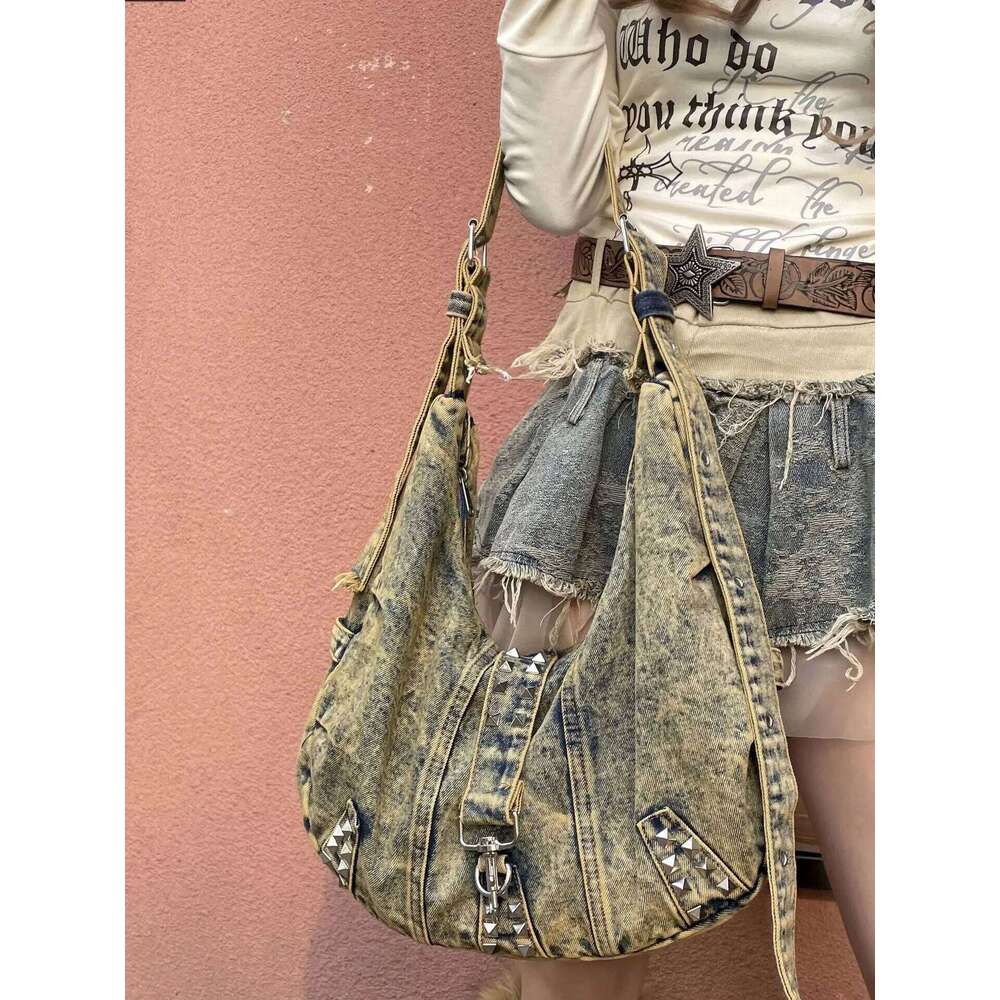 Vintage rivet Women Shoulder Bags Large Capacity Cowboy ladies hobos Handbags Washed denim Crossbody bag big totes bolsas blue Z260207 - view 5