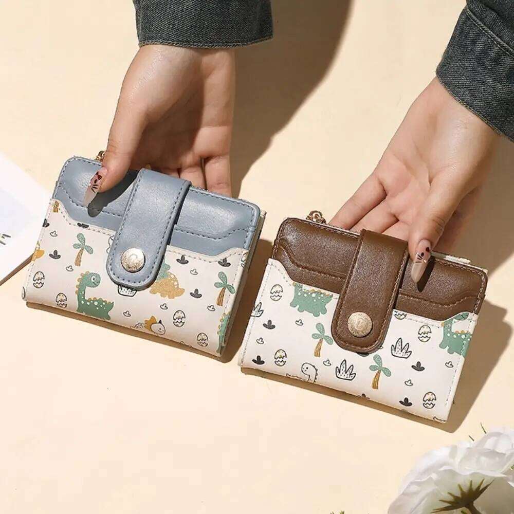 New PU Leather Mini Wallet Dinosaur Short Card Holder Zipper Coin Purse Women Girls Y260206