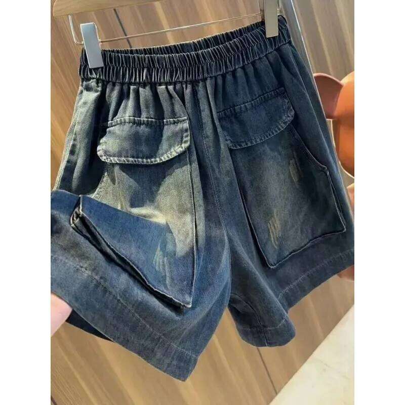 Women's Dark Wash Denim Elastic Waist Distressed Loose Fit Casual Daily Summer Shorts XJ260206