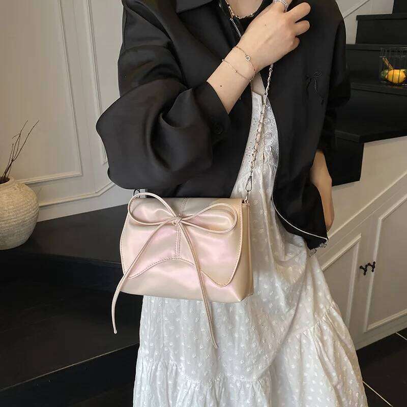 Fashion Bow Pleated Design Shoulder Bags for Women Versatile Ladies Square Crossbody Bag Solid Color Sweet Girls Pu Handbags Y260205