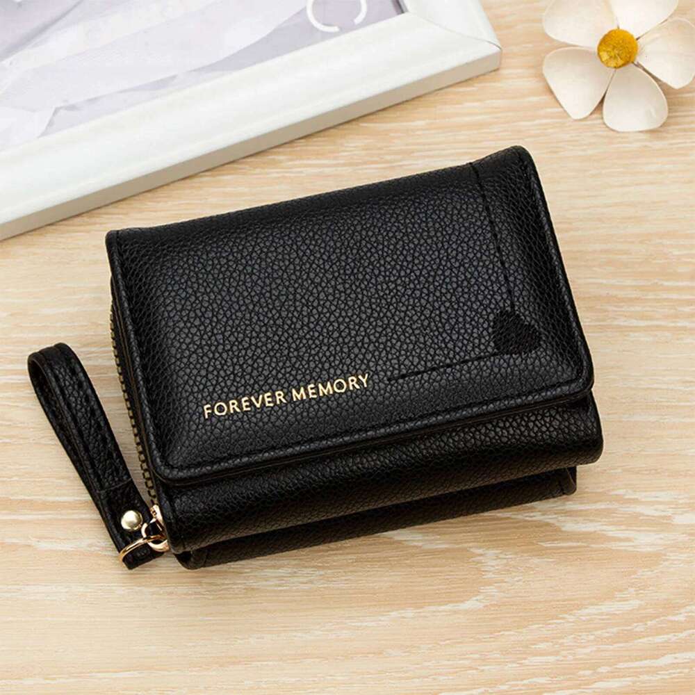 Women Short Tri-fold Wallet with Heart Embroidery Multiple Slots Compact Card Holder Lightweight Purse Organizer Y260206