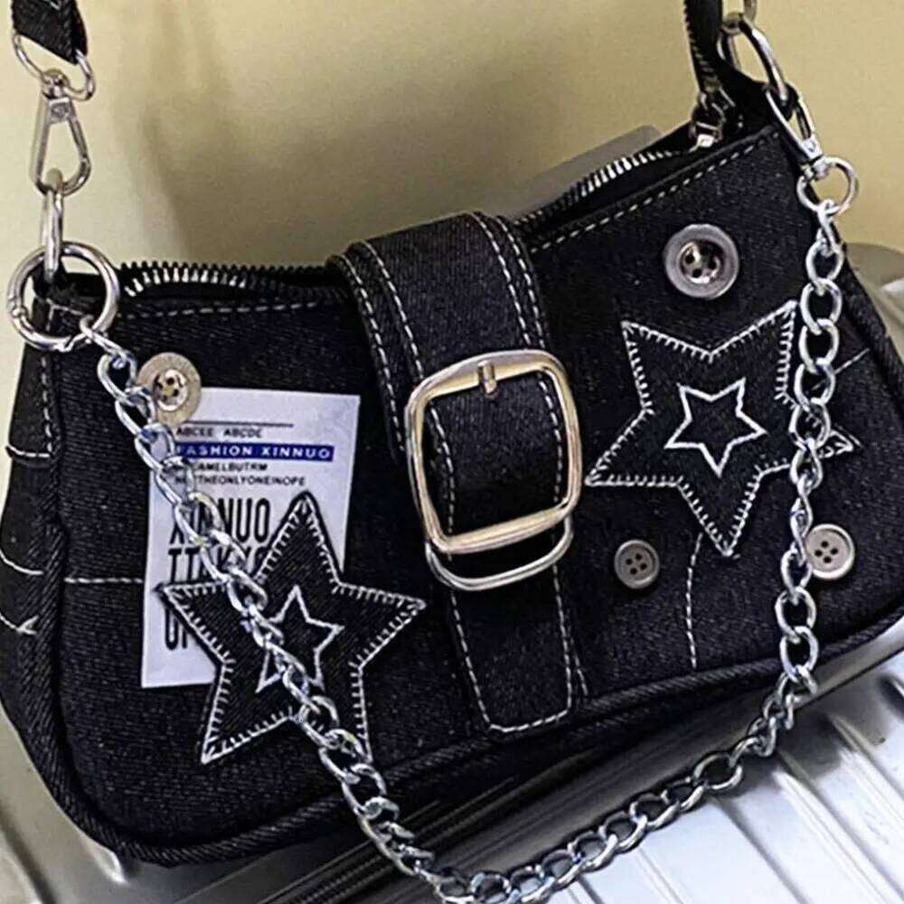 Y2K Denim Handbag Women Retro Star Pattern Underarm Rivet Armpit Purse Crossbody Bag for Cool Girls Y260205