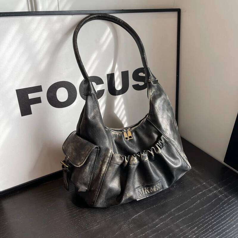 Distressed Vintage Shoulder Bags For Women Pleated Design Large Capacity Retro Hobo Bag 2024 Winter New Designer Handbags Luxury Y260205