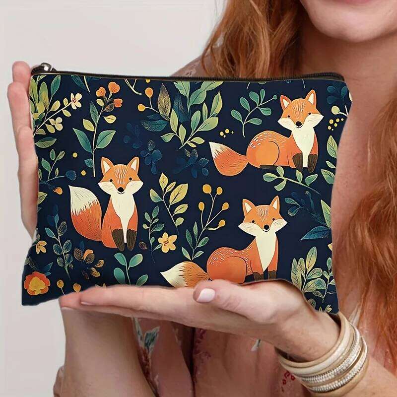 Charming Fox Print Makeup Bag - Foldable Polyester Travel Cosmetic Organizer with Zipper, Vibrant Floral Design Y260206