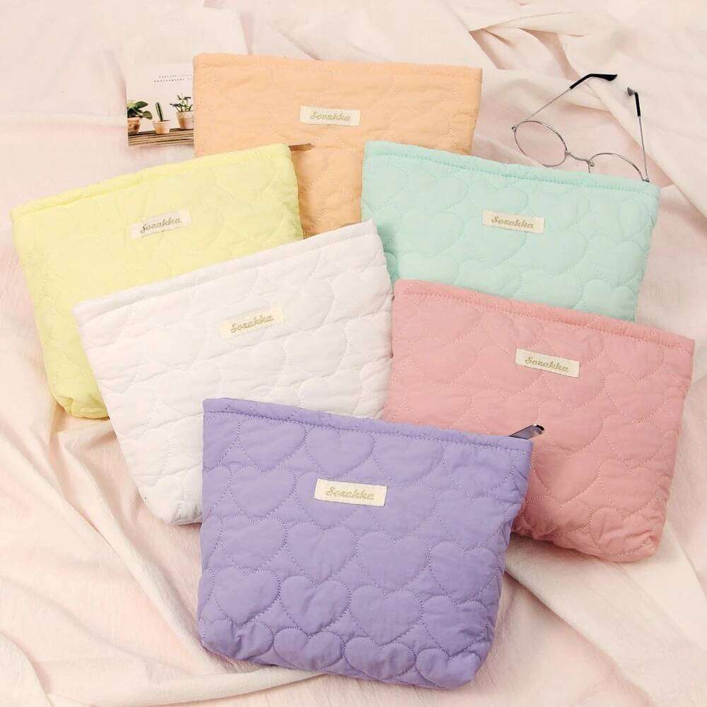 Fashion Macaroon Women Heart Quilting Makeup Large Capacity Cute Toiletry Cosmetic Storage Pouch Handbag Travel Make Up Bag Y260206