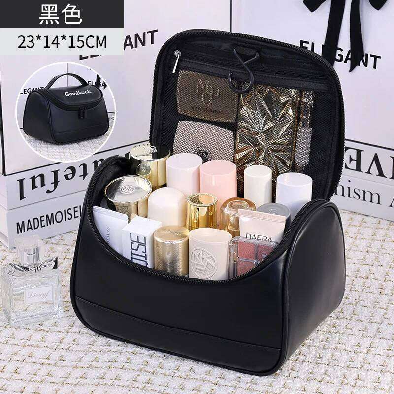 Women's PU Leather Hanging Makeup Bag Portable Travel Cosmetic Organizer Bathroom Toiletry Pouch with Handheld Design Y260206