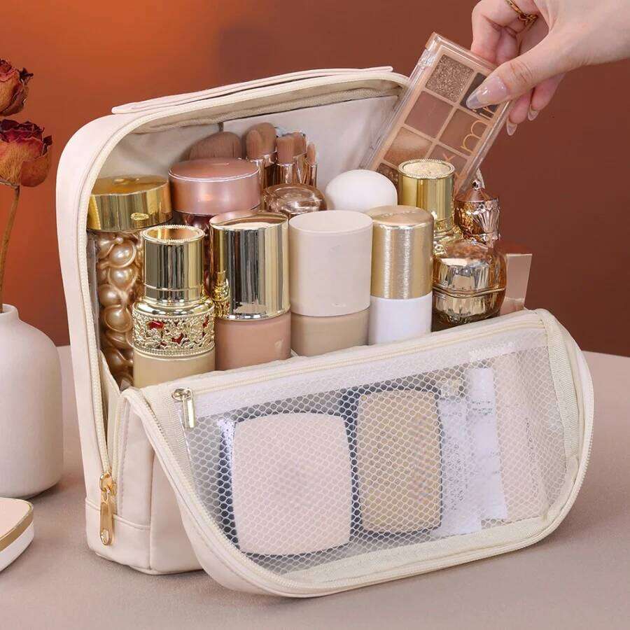 PU Standing Cosmetic Bag Portable Large Capacity Partitioned Makeup Organizer For Travel And Daily Use Y260206