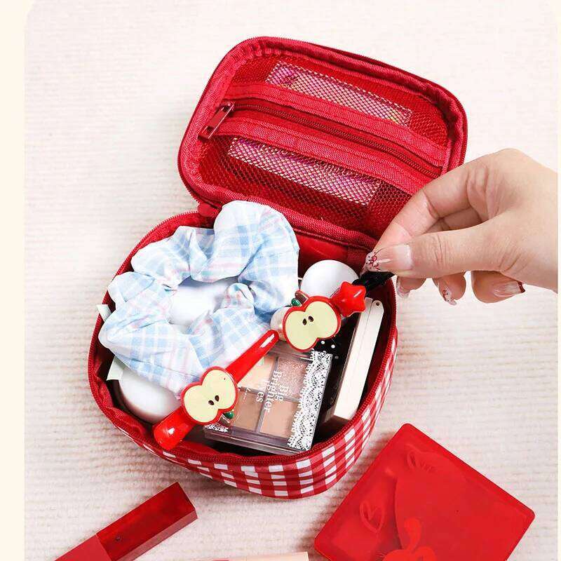Cute Red Purple Plaid Handbag Zipper Travel Portable Cushion Case & Makeup Pouch Small Large Toiletry Cosmetic Bag for Women Y260206