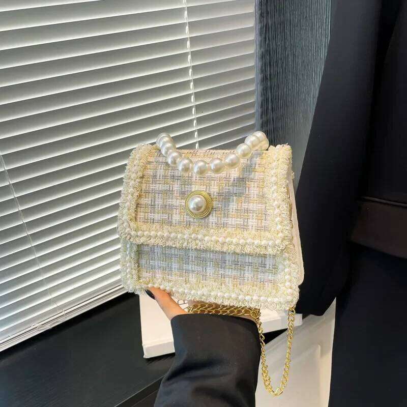 Elegant Beading Chain Ladies Handbags Fashion Plaid Women's Shoulder Bags Small Square Crossbody Bag Simple Female Tote Purse Y260205