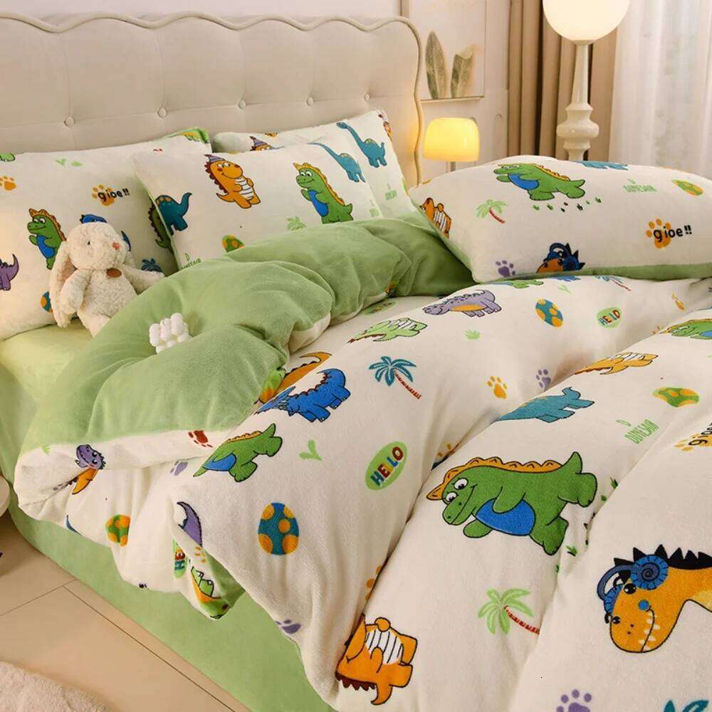 Cartoon Print Milk Velvet Soft Four-Piece Thickened Winter Warm Duvet Quilt Cover Bed Sheet Pillowcase Bedding Set XJ260206