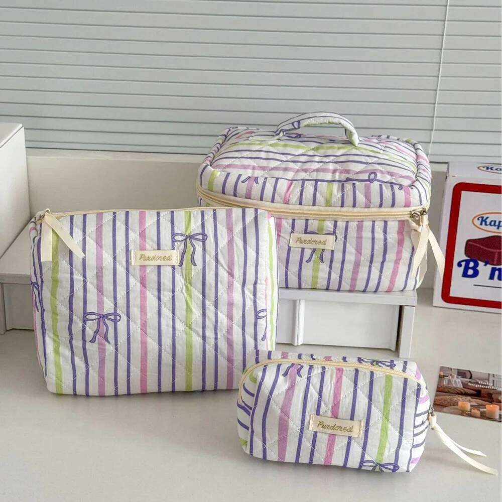 Personality Stripe Bowknot Women Cosmetic Portable Simple Quilting Bag Pouch Travel Large Capacity Makeup Storage Handbag Y260206