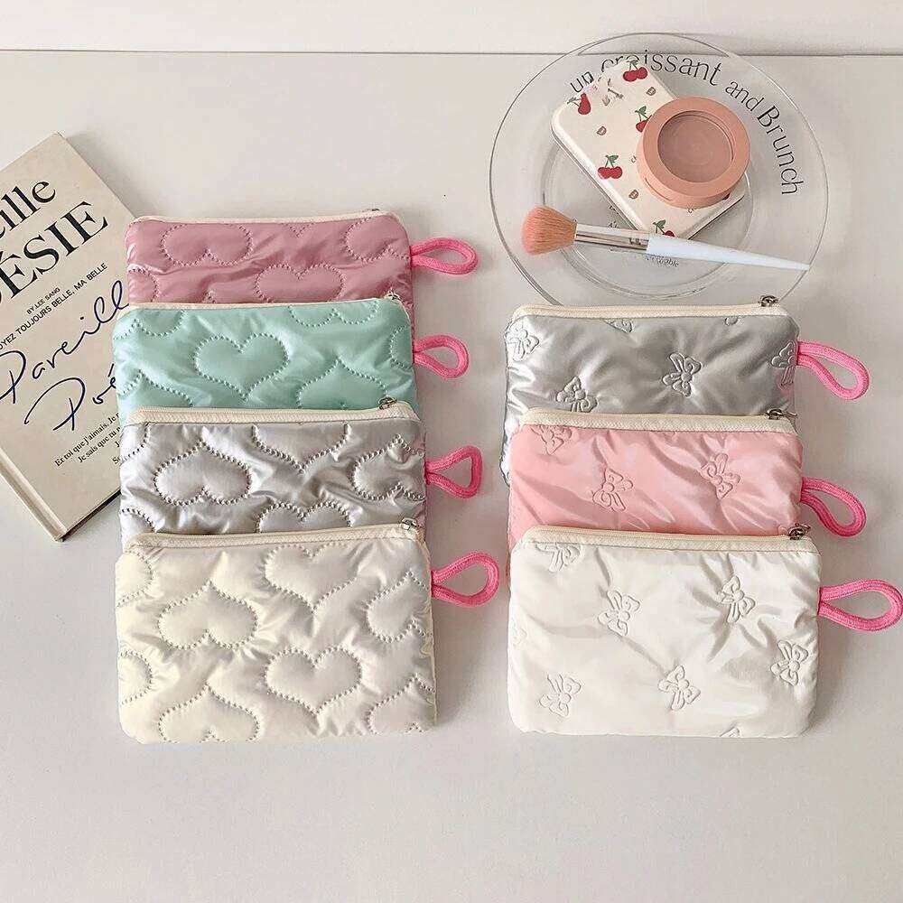 Bow Silver Zipper Mini Makeup Women Cosmetic Purse Coin Pouch Cute Wallet Portable Earphones Data Cable Storage Bag Y260206